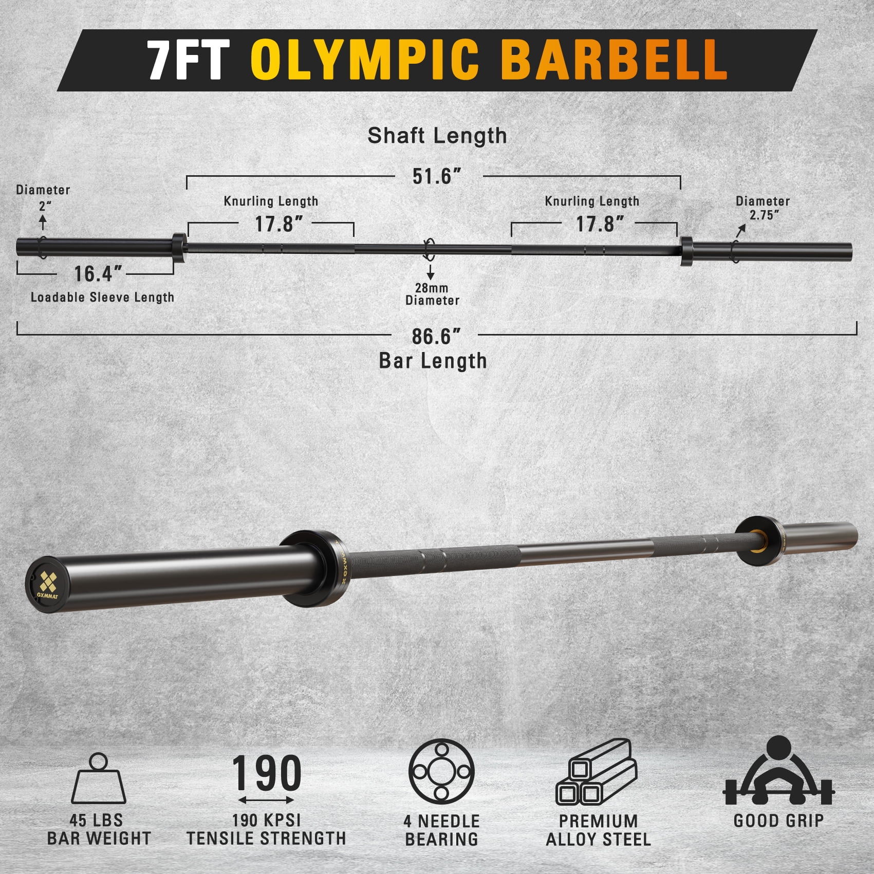GXMMAT 7ft Olympic Barbell 45LB, 1500LB Capacity Weight Bar, Weightlifting Bar for Bench Press, Deadlift, Squat, Home Gym Strength Training, 2" Sleeves with Ceramic Coating