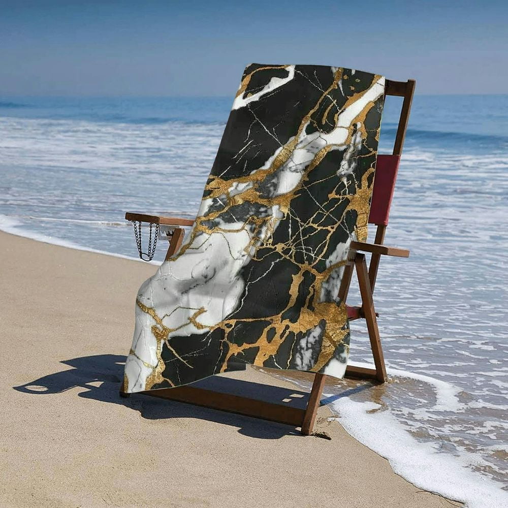 PHYHOO Marble Texture Oversized Quick Dry Microfiber Beach Towel Black Gold Texture Lightweight Sand Free Towel Super Soft &amp; Absorbent for Travel Swimming Sports 30x60in