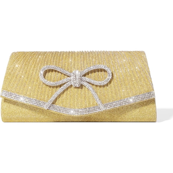 Women's Gold Rhinestone Bow Evening Clutch Bag, Sparkly Chain Shoulder Crossbody Purse for Wedding & Party