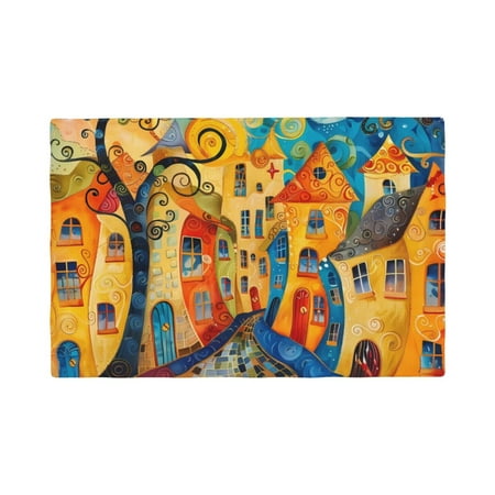 

Placemats Set of 4 Whimsical Colorful Village Scene Place mats for Dining Table Indoor/Outdoor Cute Heat Resistant Washable Table Mats(18 x 12 )