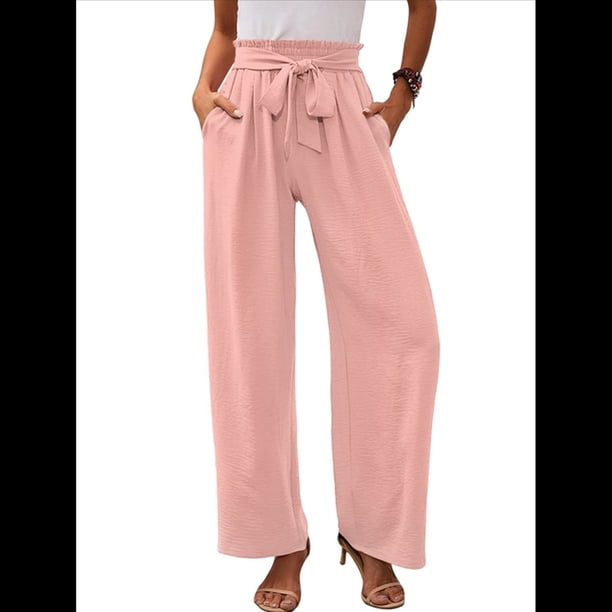 Pantalones de Salón Anchos para Mujer con Bolsillos, Cintura Alta, Ajustables, con Nudo y Holgados. Rosa S