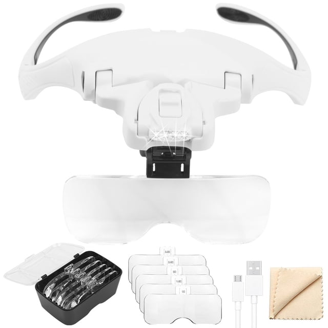 Head Magnifying Visor 1X to 3.5X Adjustable Headband Magnifier with LED Light Battery Operated Head Mount Magnifying Glass with 5 Detachable Lens Hands Free Magnifier Loupe