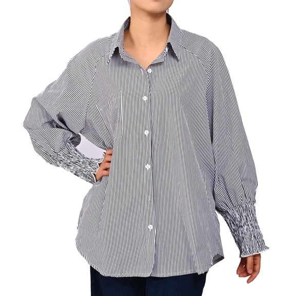 Gingprous Casual Button Down Shirt for Women Long Sleeve Oversized Striped Shirt with Pocket Smocked Cuffed Boyfriend Shirt