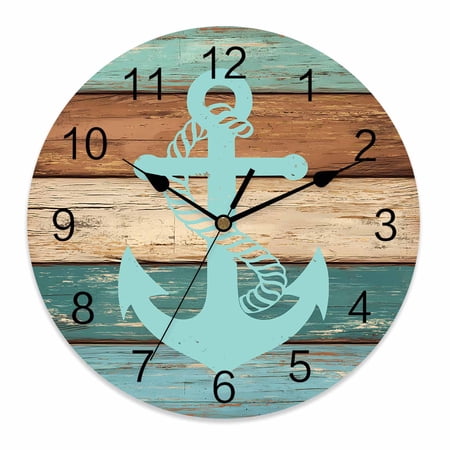 Silent Wall Clocks Battery Operated, Farmhouse Round Decorative Wall Clock for Living Room Bedroom Kitchen Bathroom Classroom Decor, 10 Inch Wood Grain Anchor Turquoise Brown