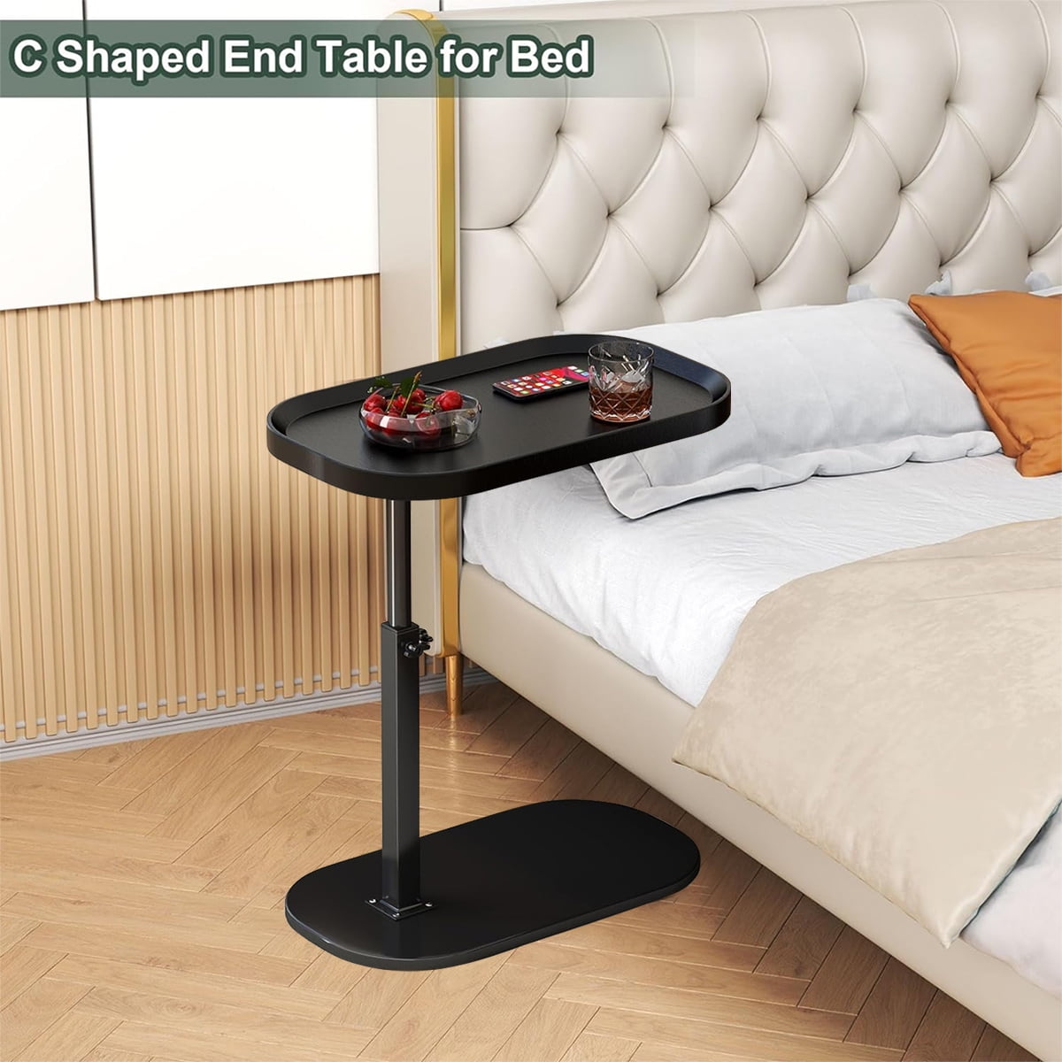 MONEHANE C-Shaped End Table, 360° Rotating Adjustable Height Couch Side Tables for Sofa / Bed / Bathtub, Black