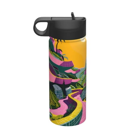 

KLL Retro Futuristic Landscape Pattern 18OZ Water Bottle With Straw Stainless Steel Sports Water Cup Flask Sports Water Cup Flask Wide Mouth Travel Thermal Mug