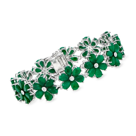 Ross-Simons 30.00 ct. t.w. Emerald and .10 ct. t.w. Diamond Flower Bracelet in Sterling Silver, Women's, Adult