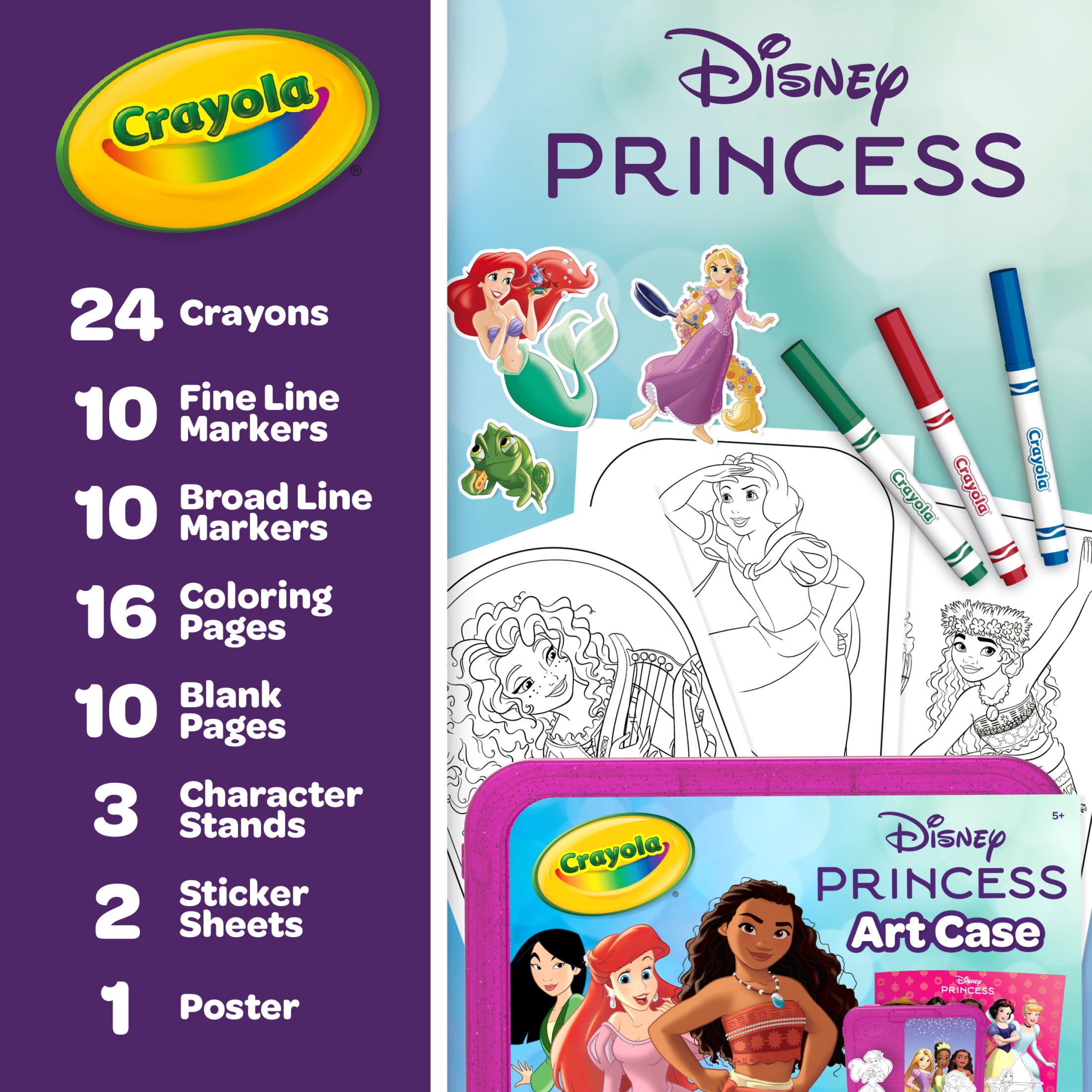 Crayola Disney Princess Art Case, 75 Pcs, Markers & Crayons Coloring Set, Travel Activity, Moana Ariel Gift for Girls & Boys,5+
