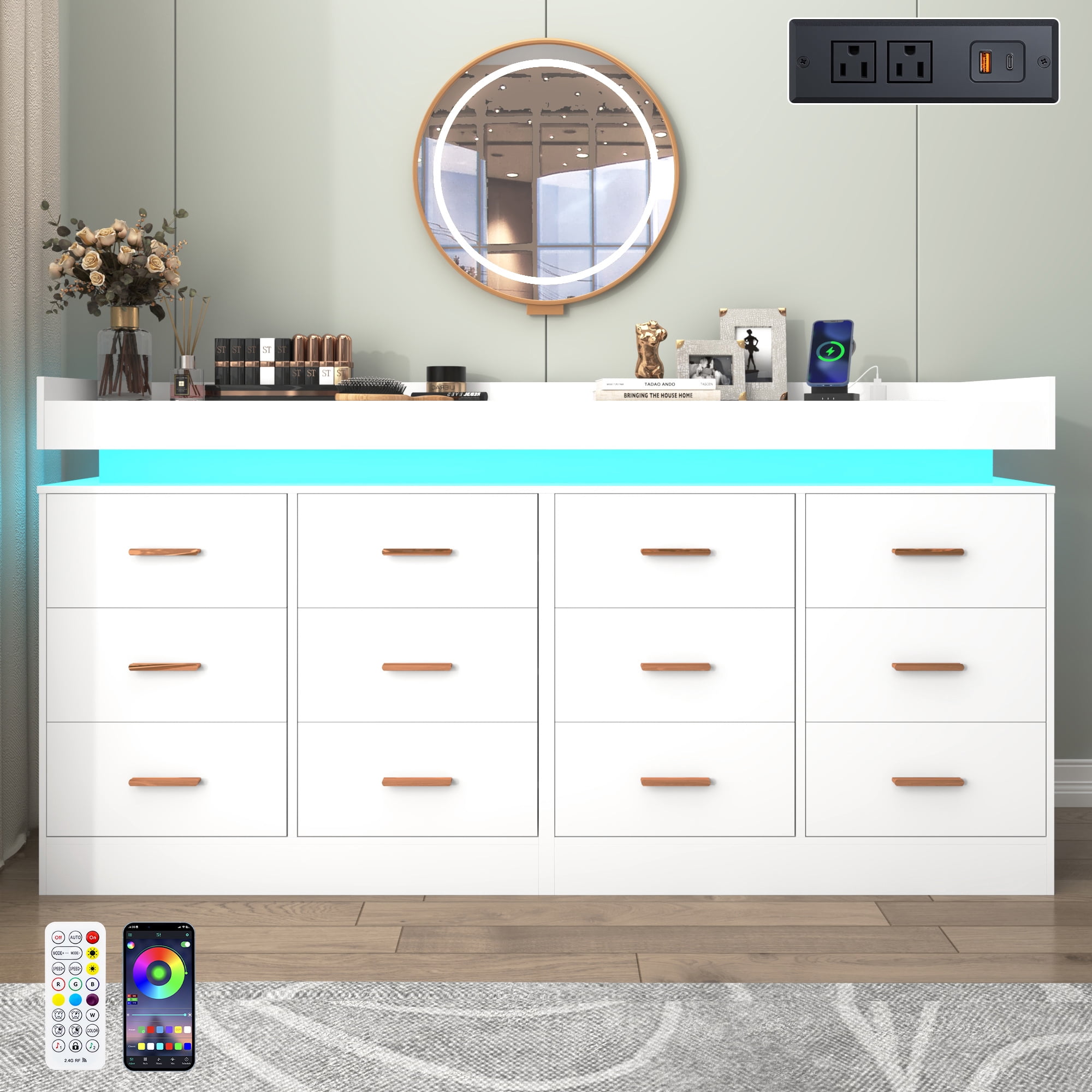 ChVans 12 drawer Dresser with Charging Station and LED Lights, Modern Chest of Drawers for Closet, 12 drawer dresser for Bedroom, Living Room, Entryway, Hallway