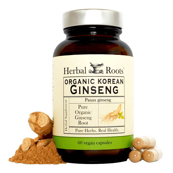 Herbal Roots Organic Korean Panax Ginseng, Herbs for Energy, Endurance, and Immune Support 60 Vegan and Organic Capsules