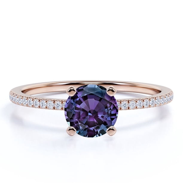 JeenMata Anillo de Compromiso Clásico con Solitario Pavé de Alejandrita y Moissanita de Corte Redondo de 1 Quilate Creado en Laboratorio en Oro Rosa de 18 K sobre Plata