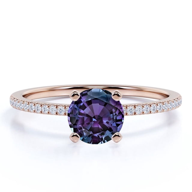 JeenMata Anillo de Compromiso Clásico con Solitario Pavé de Alejandrita y Moissanita de Corte Redondo de 1 Quilate Creado en Laboratorio en Oro Rosa de 18 K sobre Plata