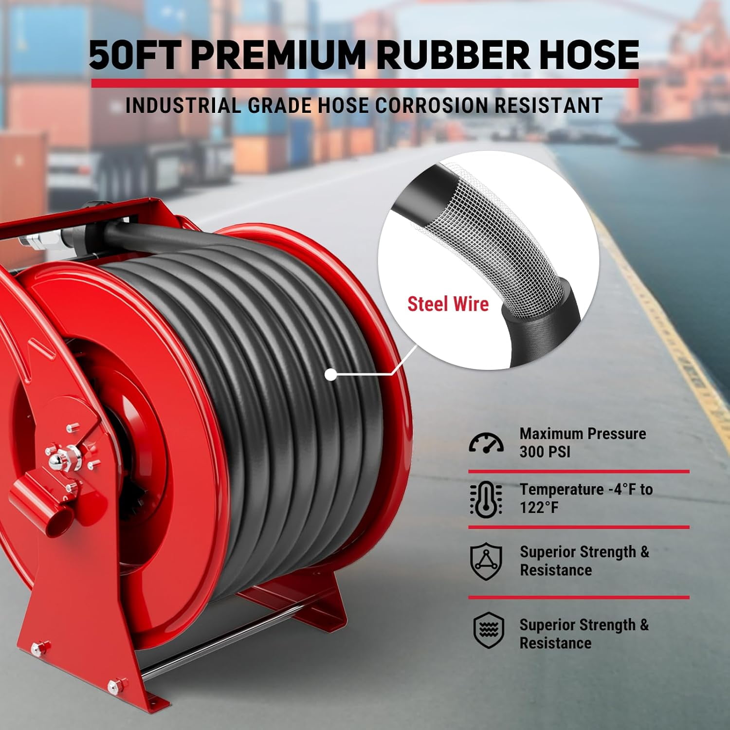 XUTUMM Fuel Hose Reel Retractable 1" x 50' Adjustable Dual Arm, All-weatherAuto Rewind, Heavy Duty Steel, with Fueling Nozzle for Aircraft Ship Vehicle Tank Truck, 300 PSI
