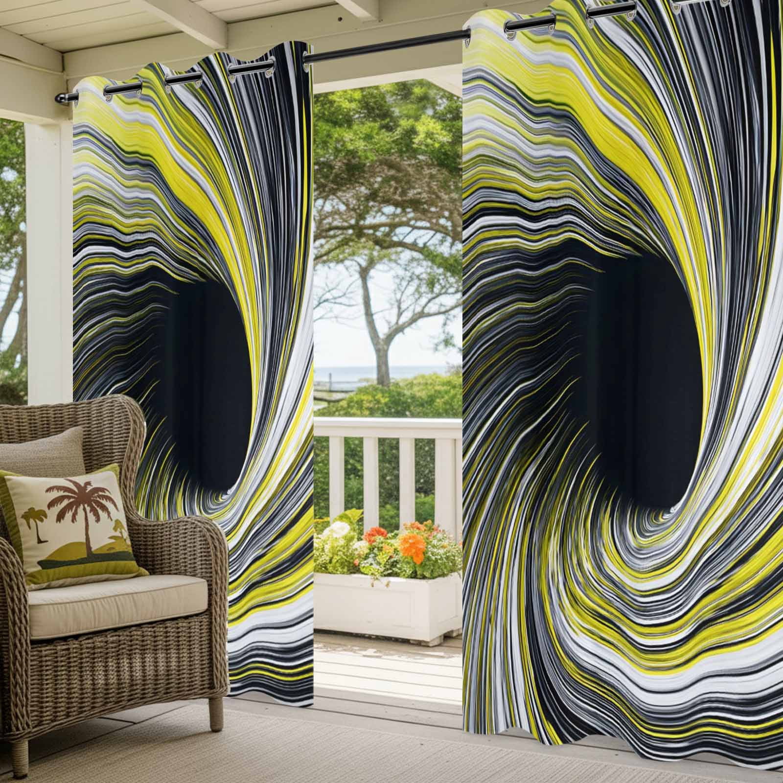Abstract Swirling Vortex Outdoor Curtains for Patio, Yellow Gray Spiral Lines Dynamic Sunshade Privacy Drapes Grommet Waterproof Outside Curtains for Porch/Cabana/Balcony 54"x 108", 1 Panel