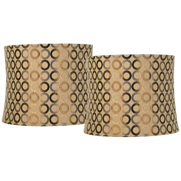Springcrest Set of 2 Drum Print Lamp Shades Tan Copper Circles Medium 13" Top x 14" Bottom x 11" High Spider Harp Finial Fitting