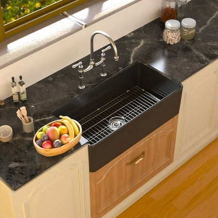 DeerValley DV-1K0015 Fireclay Farmhouse Kitchen Sink with Sink Grid and Basket Strainer