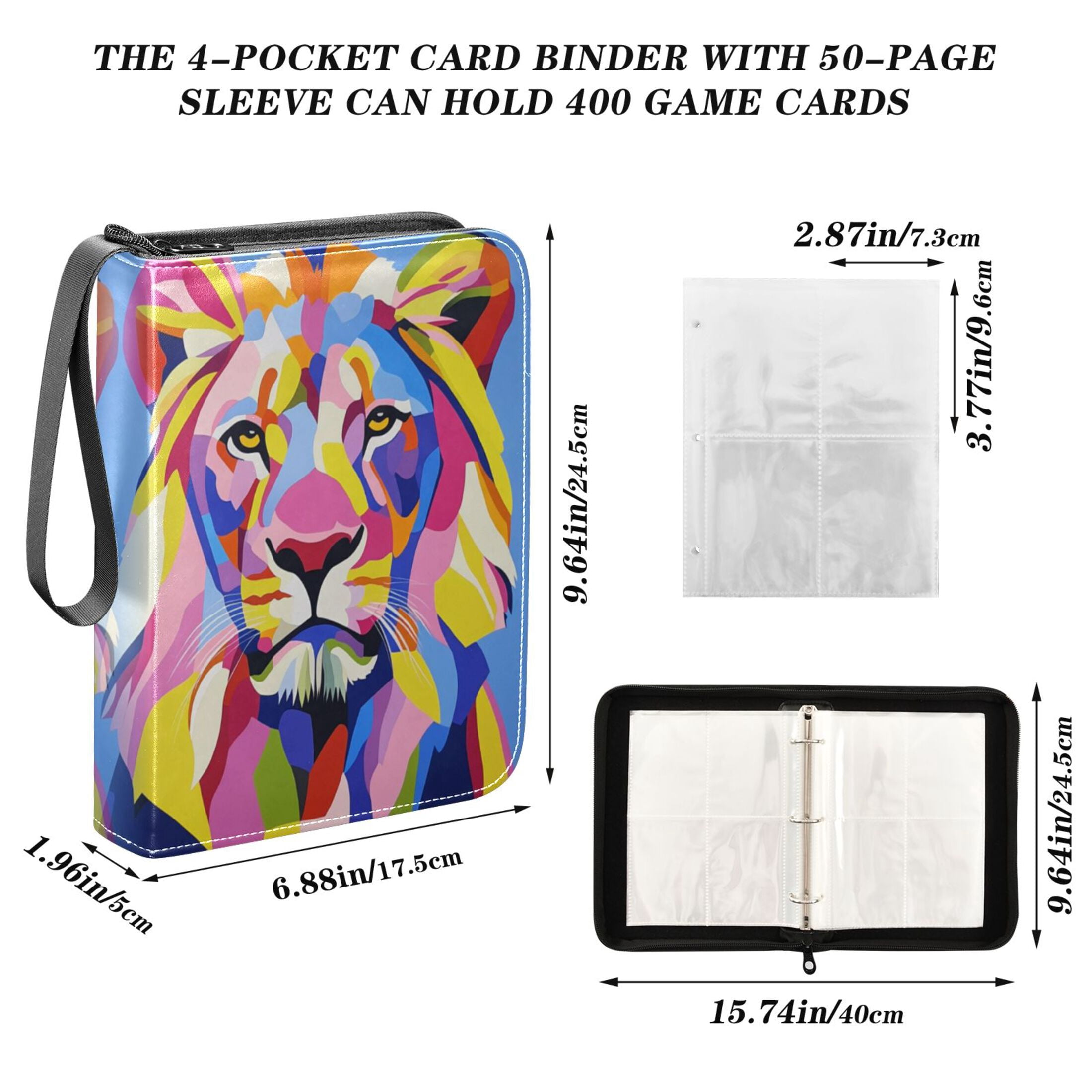 Game Card Storage Bag Collectible Trading Card Albums The 4-Pocket Card Binder With 50-Page Sleeve Can Hold 400 Game Cards Beautiful Cute Lion