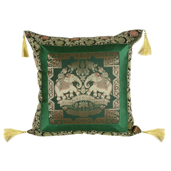 Stylo Culture Indian Brocade Living Room Throw Pillow Sham Cover Dark Green Gold 18x18 Jacquard Weave Tassels Sofa Cushion Cover 45 x 45 cm Polydupion Silk Zippered Elephant Pillow Case | 1 Pc