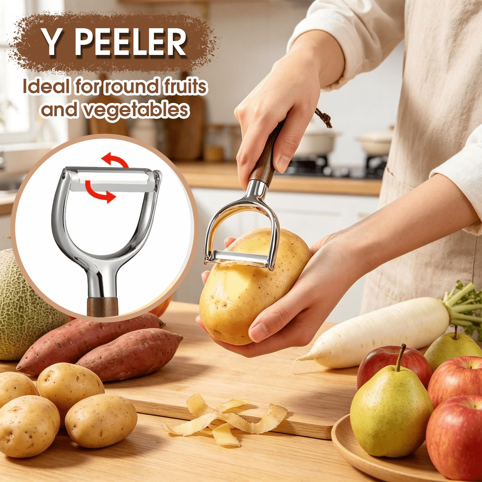 Vegetable Peeler Set of 2 (Straight + Y Peeler), Potato Peelers with Stainless Steel Swivel Blades and Wood Handle, Fruit & Veggie Peeler for Kitchen