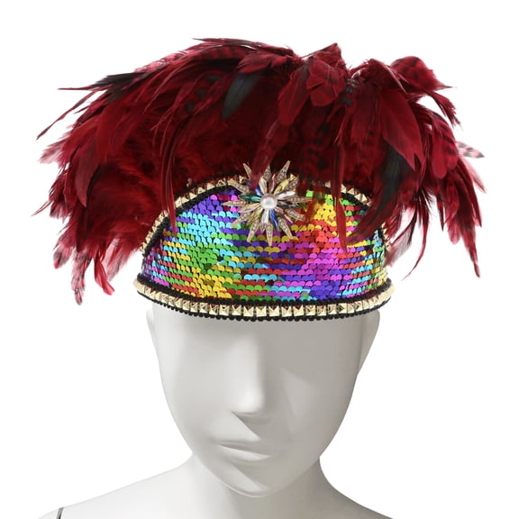 Attitude Studio Red Feathers Sequin Head Band - Costume Headband for Women & Men, Red Feather Hairpiece with Multicolor Sequins, Perfect for Halloween Events, Costume Parties & Vintage Themed Events