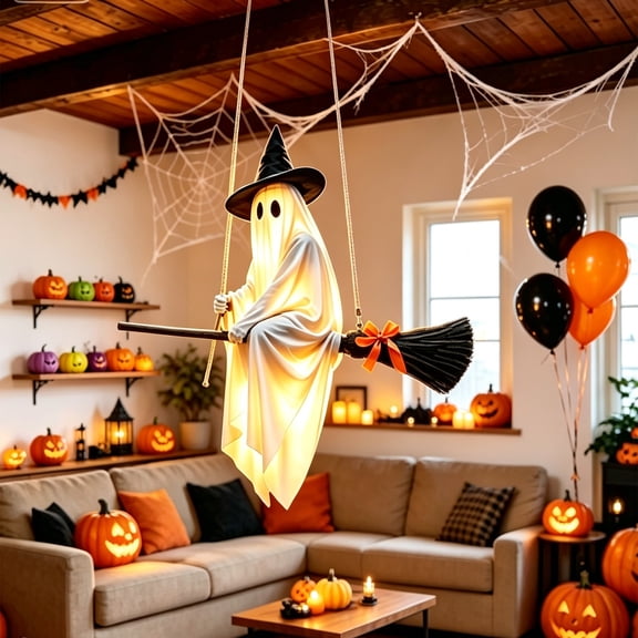 Hanging Swinging Ghost Outdoor Decor,Ghost On A Swing,Cute Light-Up Flying Ghost On Broomstick With Witch Hats Witch Broom Spooky Home Decor,Early Halloween Yard Decorations for Front Porch Tree 5Ft