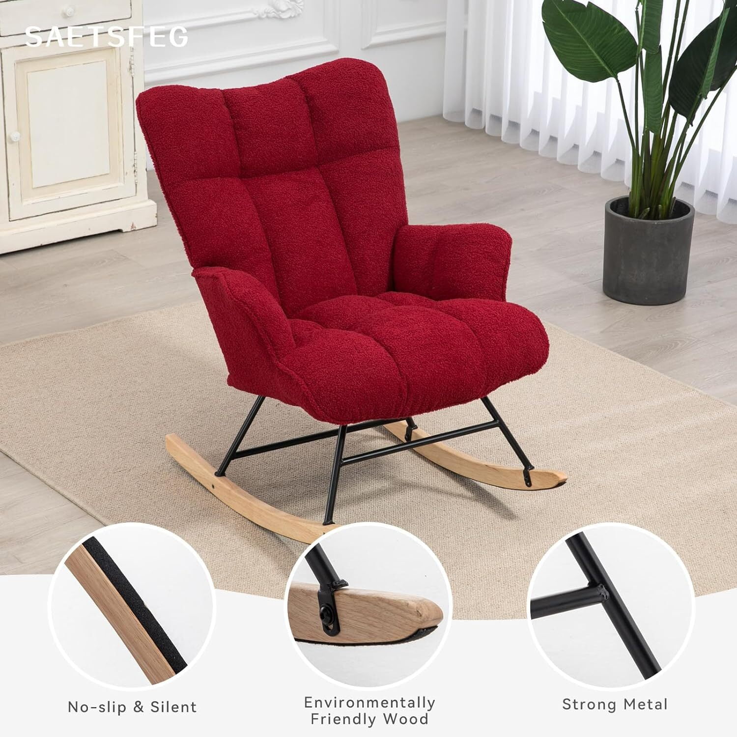 Nursery Rocking Chair Teddy, Upholstered Glider Rocker with High Backrest, Comfortable Stylish Accent Armchair with Padded Seat for Living Rooms, Bedrooms, Offices, Burgundy