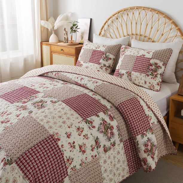 SLPR Juego de edredón de algodón con diseño de rosas campestres, tamaño king con 2 fundas de almohada, ropa de cama floral de estilo campestre francés, colcha acolchada de granja con rosas rojas y est