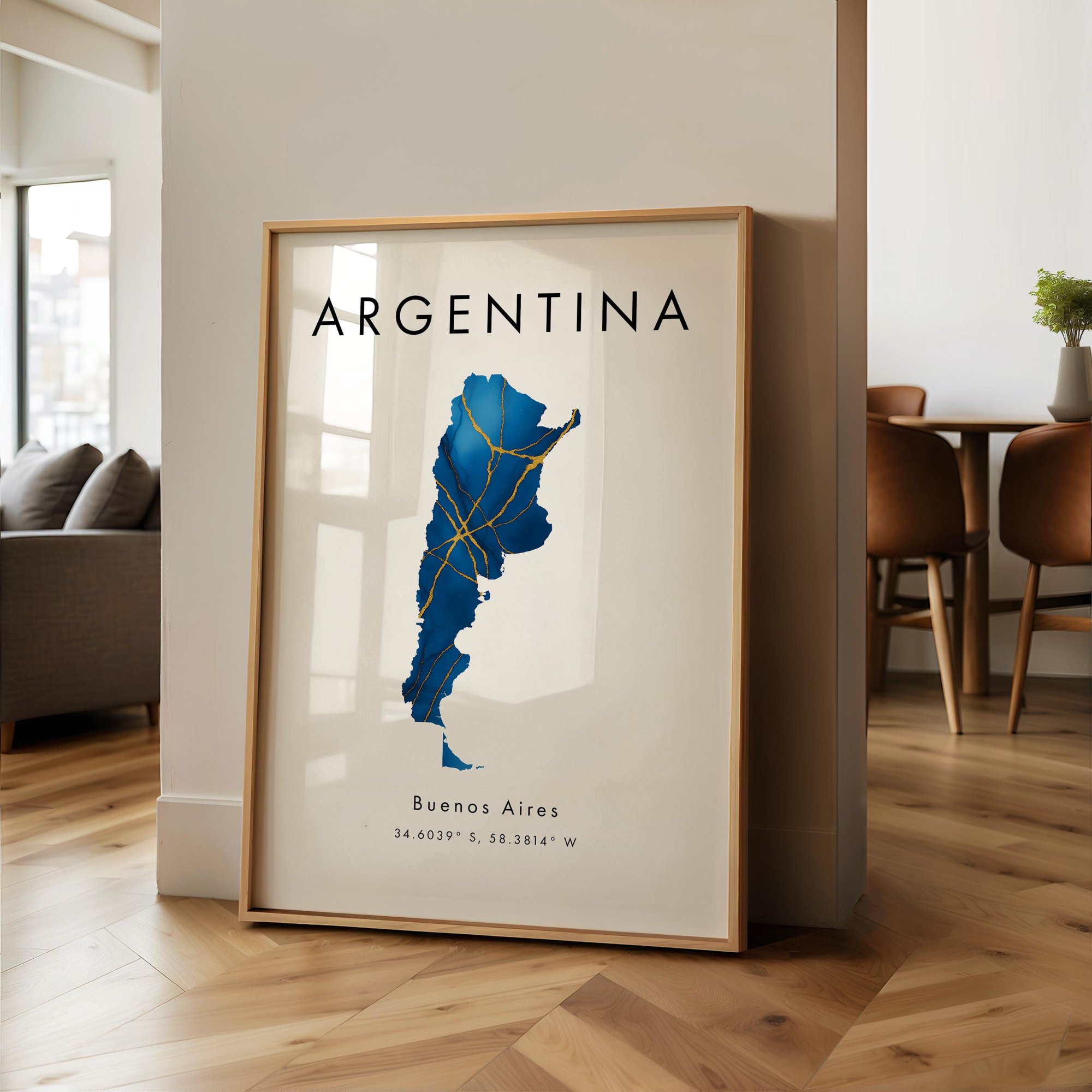 Argentina Map PRINTED Poster Blue and Gold South America Wall Art Print Home Decor Geography Map Gift Wallpaper