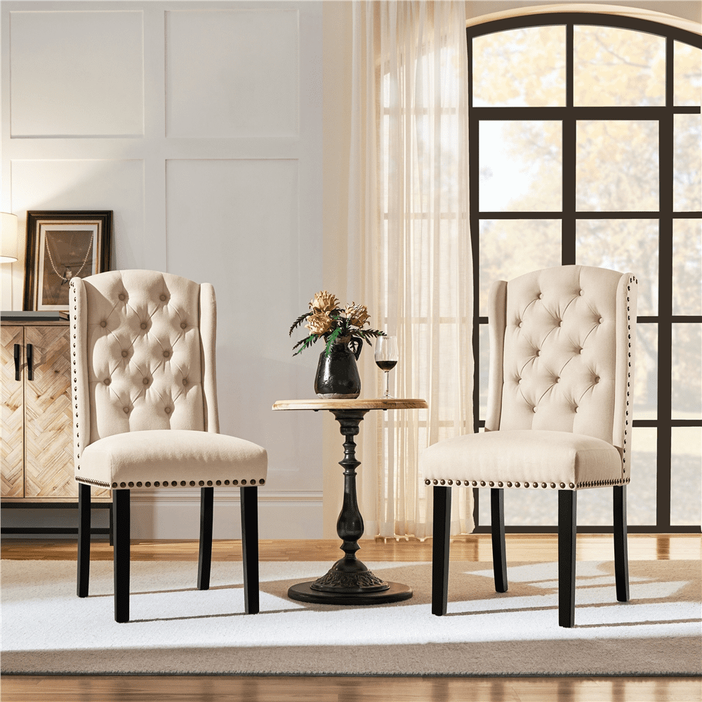 Alden Design 2pcs Upholstered Tufted Dining Chairs with Wing Design for Kitchen, Beige