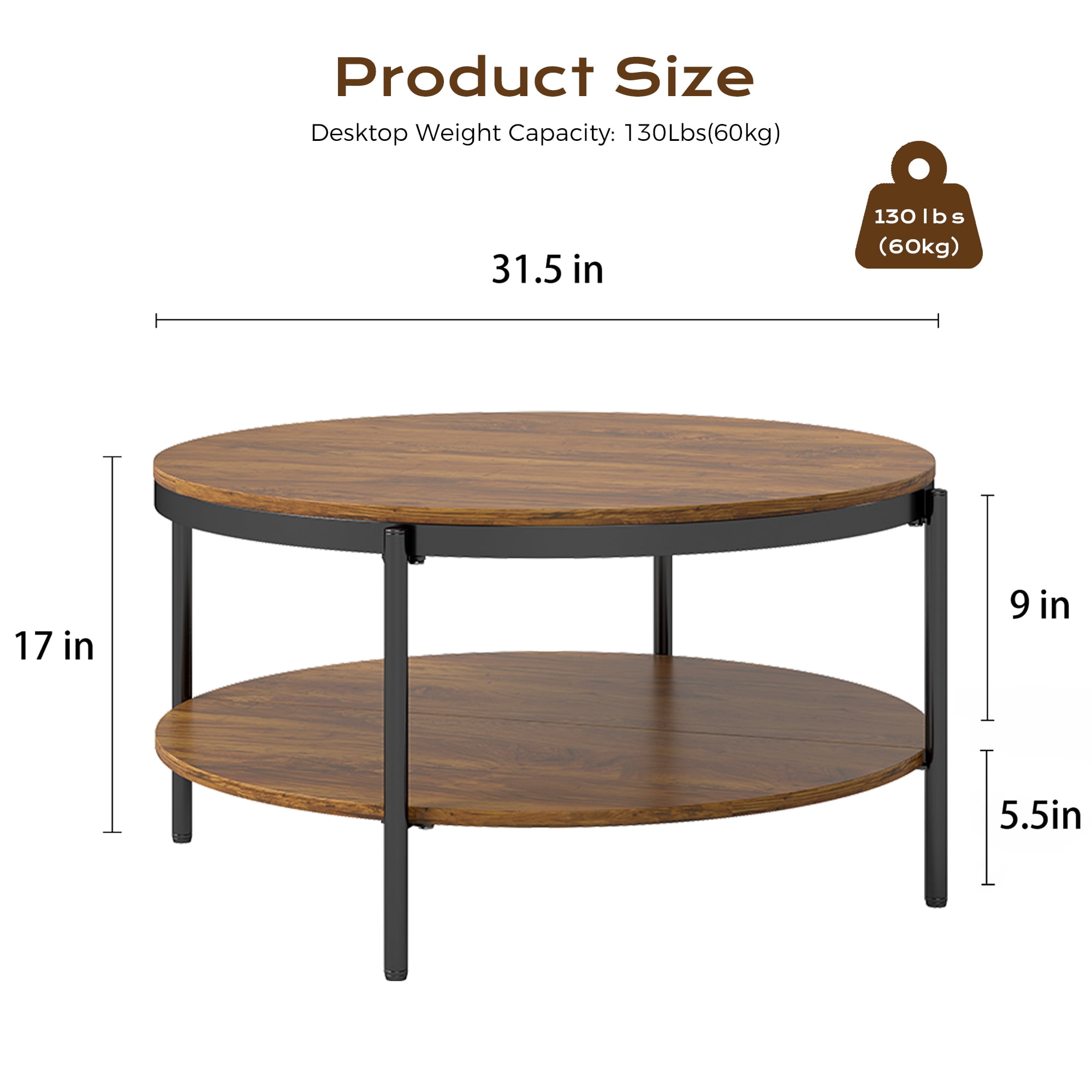Manxile Round Coffee Table with Storage for Living Room,Mid Century Center Table-2 Tier Design,Red Oak