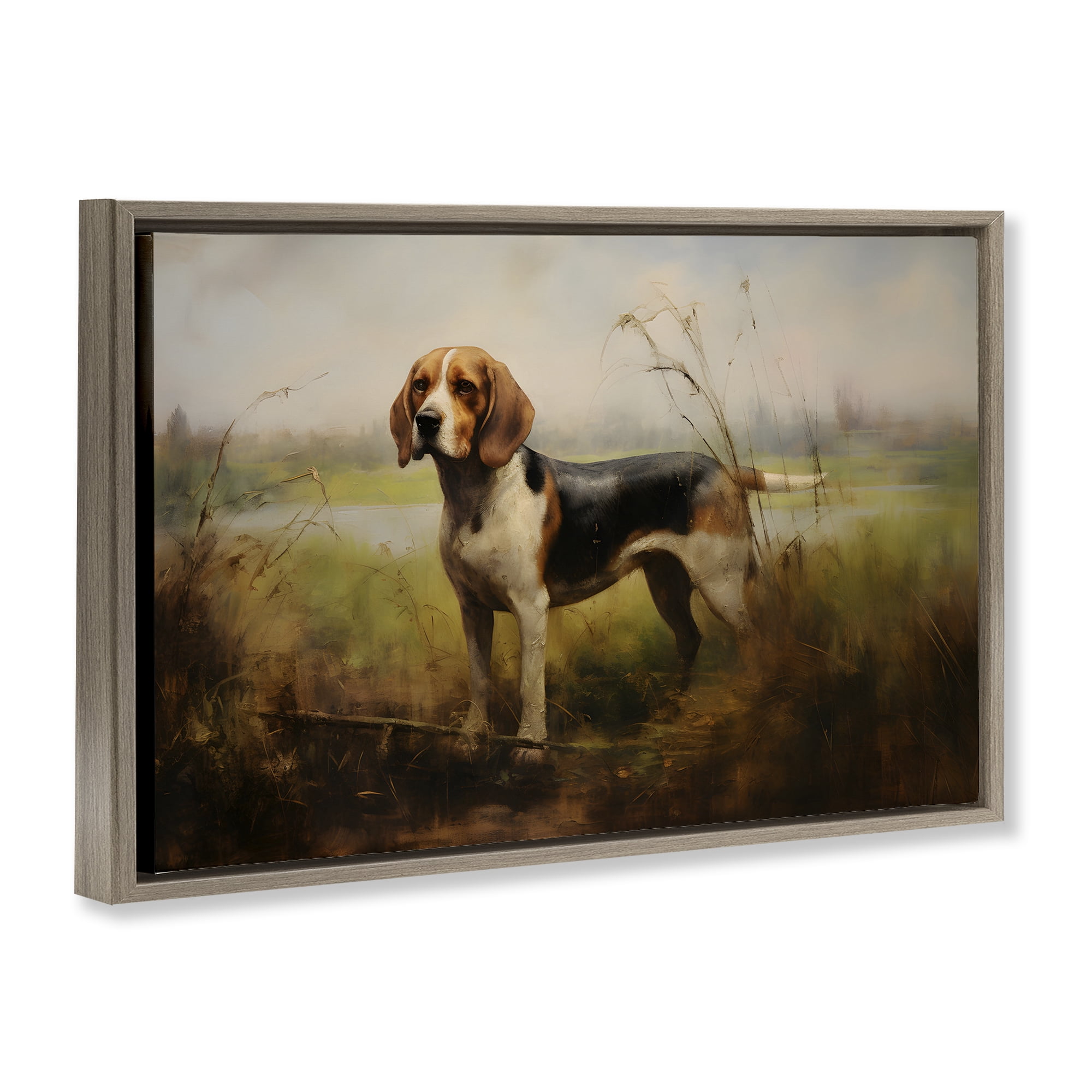 Stupell Industries Beagle Dog Rural Field Landscape Painting Brown Floater Framed Canvas Art Print Wall Art, 31 x 21