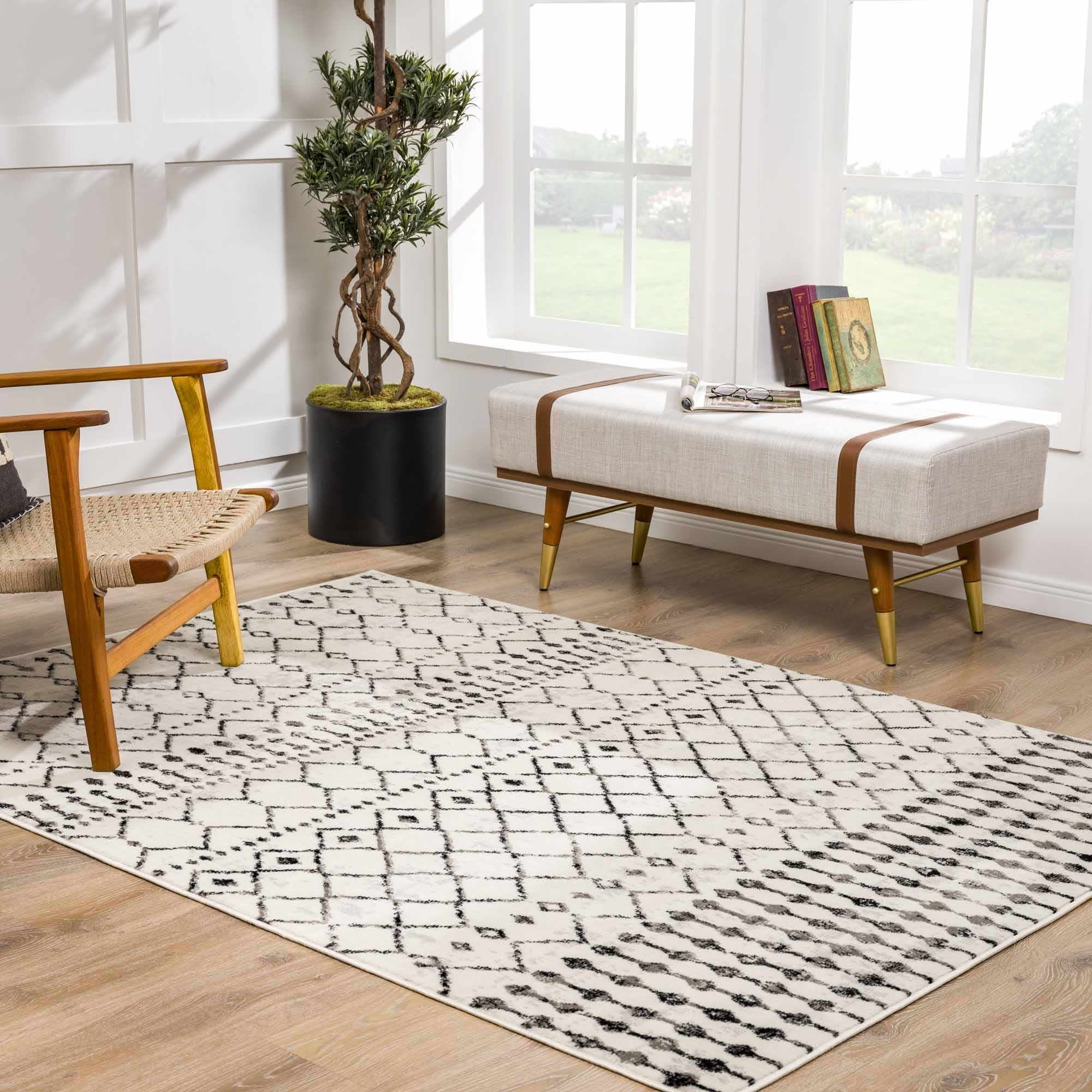 Hauteloom Cowplain Farmhouse Moroccan Geometric Area Rug - Boho Aztec Tribal Carpet for Living Room, Bedroom, Dining Room - Cream, Black, Beige, Gray - 6'7" Square Rug