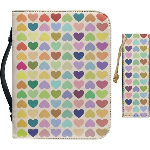 Leather Bible Cover with Bookmark for Colorful Hearts Church Bible Case Small Waterproofing Bag Carrying Book Cover Zipper Protective Bag Carrying Case Christian Gift Women Men