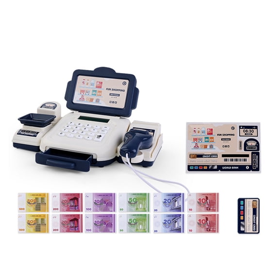 Primegos Cash Register Toys with Scanner Calculator Educational Cash Register Toy Set Portable Role Play Shopping Toys for Children Interactive Learning
