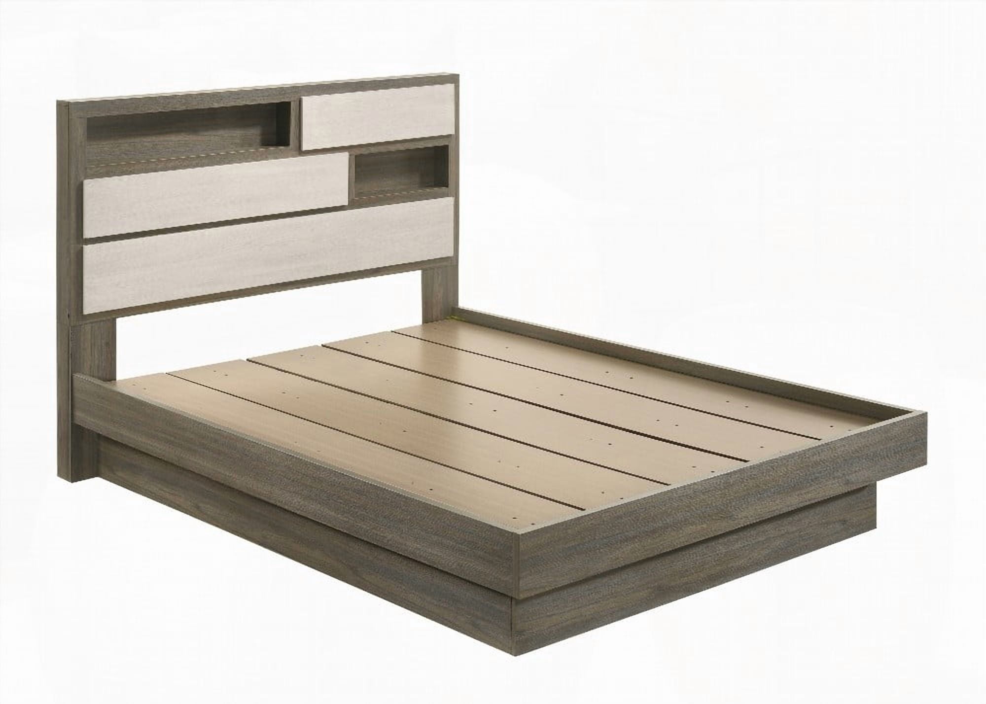 Modern King Bed Made of Wood in Beige & Brown with Two-Tone Headboard