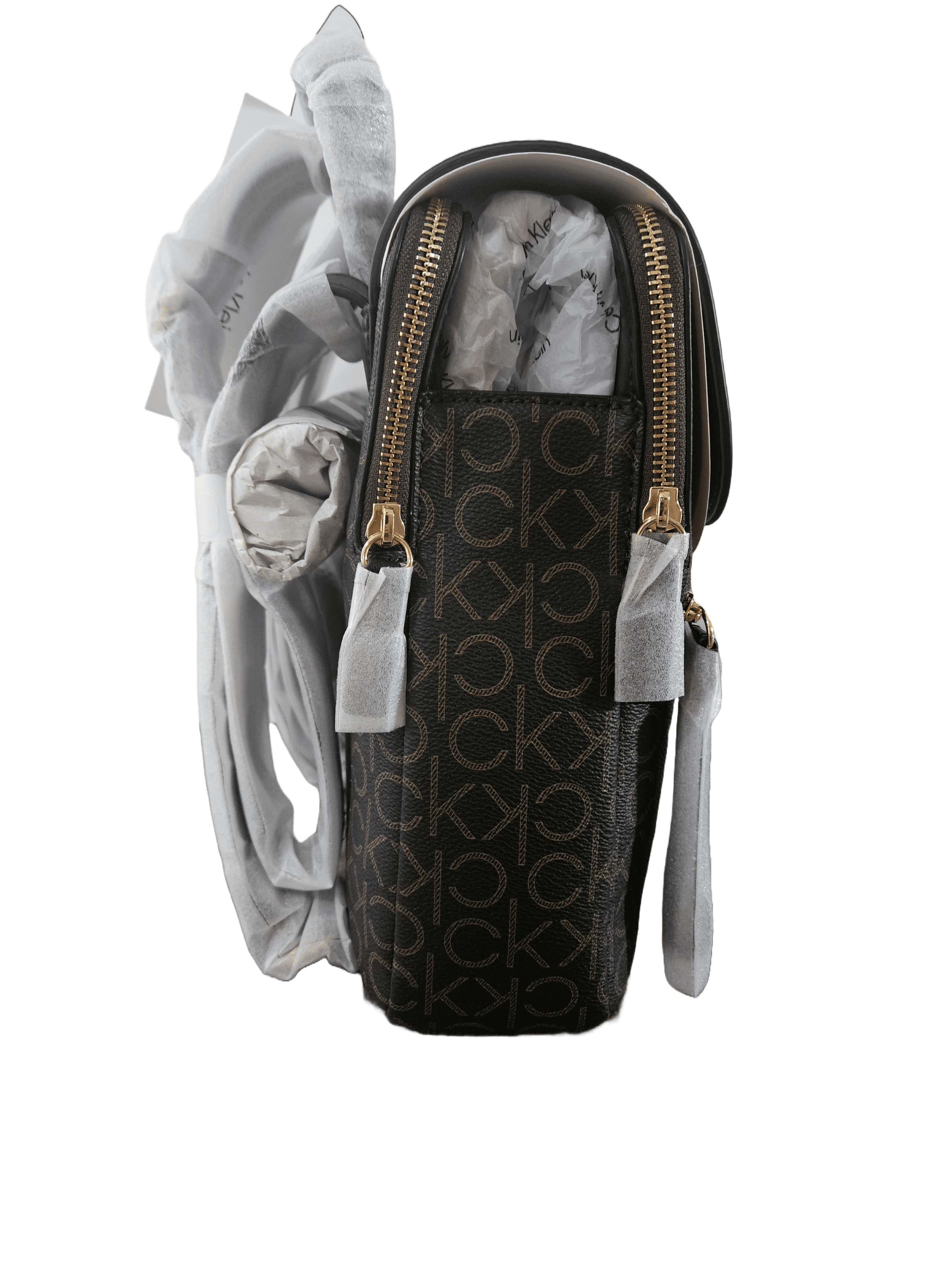 Calvin Klein Signature Brown and Black Backpack and Pouch Calvin Klein Astatine Signature Patent Mini Backpack In  main image 2
