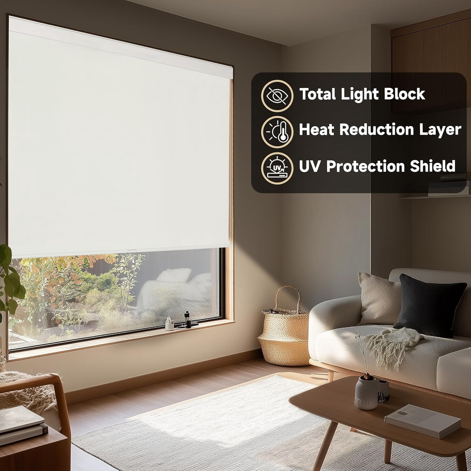ColourTree Cordless Blackout Roller Shades Blinds for Windows, Room Darkening with Thermal Insulated Fabric, UV Protection+, Easy Pull-Down System, Fit for Home, Office (42" W x 72" H, Light Beige)