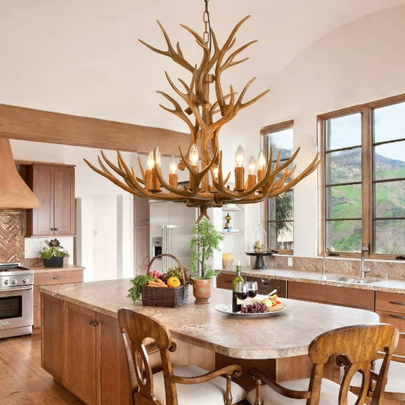 Deer Antler Chandelier 8 Light, Antler Pendant Light Fixturs, Vintage Farmhouse Deer Horn Chandelier Lighting for Living Room Dining Bedroom Christmas