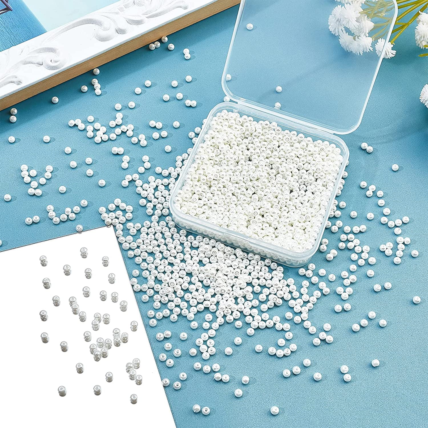 1box PH Glass Pearl Beads 2000 Pcs 3mm Tiny Satin Luster Craft Pearl Bead Round Loose Spacer Beads for Earring Bracelet Necklace Waist Chain Eyeglasses Chain Wedding Decor White White DIY