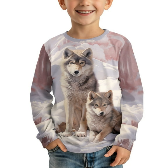 DISNIMO Wolf Print Boys T Shirt Long Sleeve T Shirts for Kids Crew Neck Tshirt Girls Cute T-Shirts for 3-4 Year Old Girls Clothes Long Sleeve Shirts for Boys Soft Shirts Kids Fall Outfits