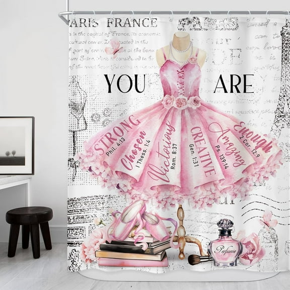 Ballet Dress Pink Shower Curtain 72Wx72H Inch Fashion Girly Paris Modern Girl Ballerina Motivational Quotes Flower Perfume Book Bathroom Decor Fabric Polyester Waterproof 12 Pack Hooks