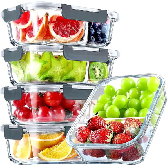 AISOON 5-Pack 36 oz Glass Meal Prep Containers with 2 Compartments and Lids, Leakproof Food Storage Containers, Gray