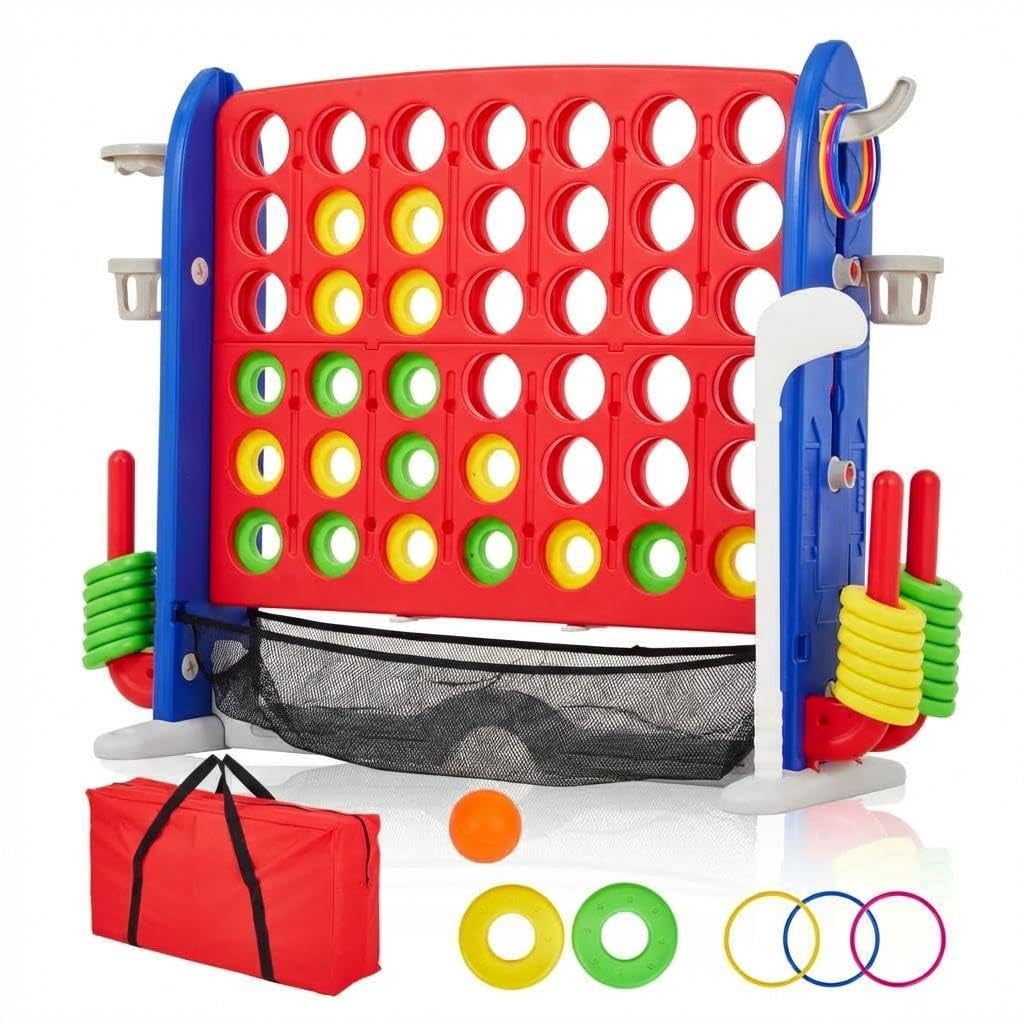 Historyli Giant 4 in a Row Connect Game, Adjustable Height Jumbo Game Set with Golf & Basketball, Red