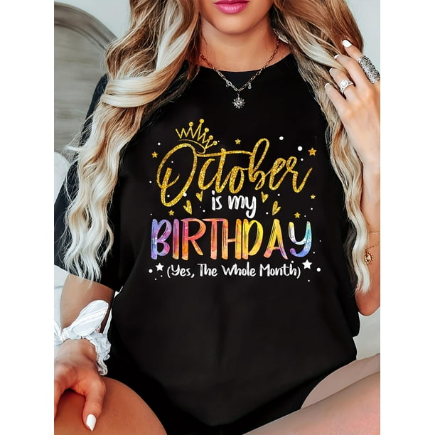 Women's Fashion Gold Pink Crown Birthday Printed T Shirt, Simple Casual Round Neck Comfortable Long Sleeve T Shirt, Women's Spring And Autumn Clothing