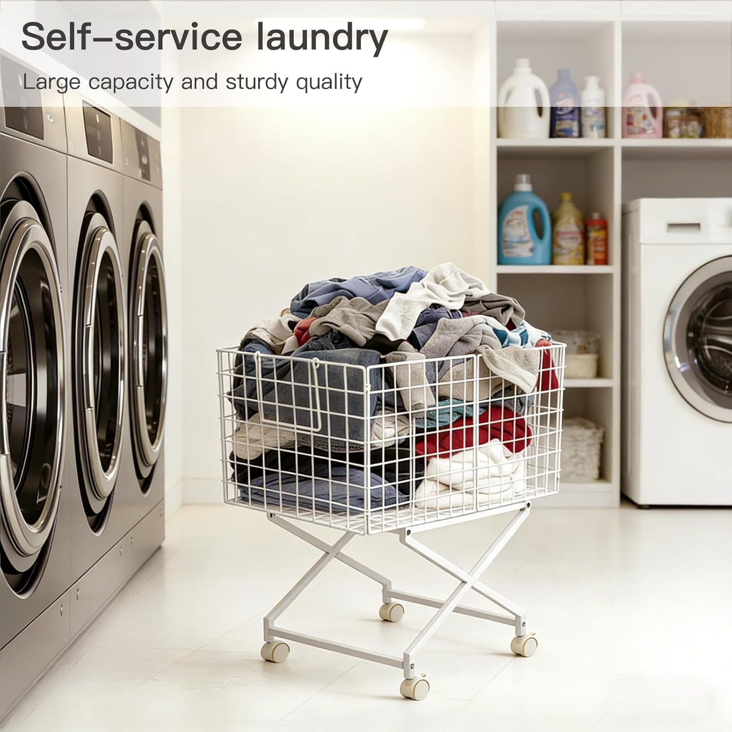 Rolling Laundry Basket with Wheels, 80L Wire Laundry Hamper with Lockable Casters, Sturdy Metal Cart for Clothes Storage, Ventilated Rolling Bin for Bathroom Bedroom (White)