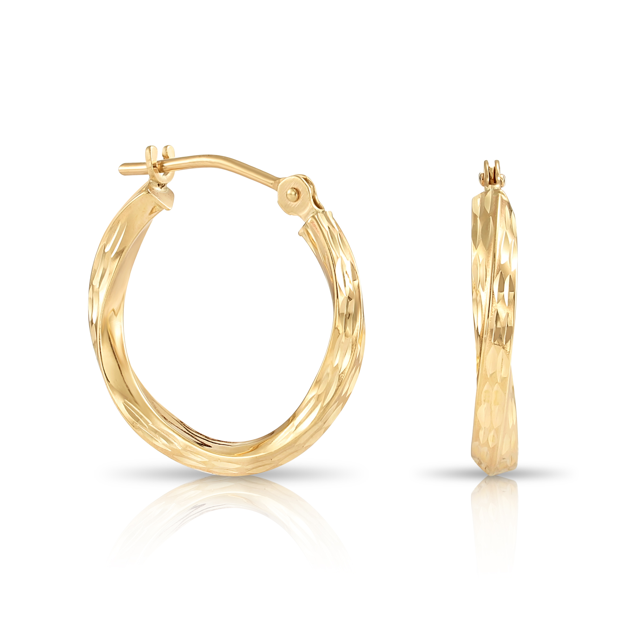 Tilo Jewelry 10K Yellow Gold Twisted Round Hoop Earrings with Diamond-Cut Engraving | 16mm | Everyday Earrings for Women & Unisex