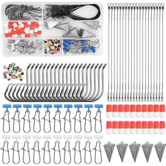 105PCS Saltwater Surf Fishing Tackle Kit Included Fishing Bait Rigs Circle Hooks Foam Floats Sinker Slider Fishing Beads Pyramid Sinker for Bass Beach Fishing