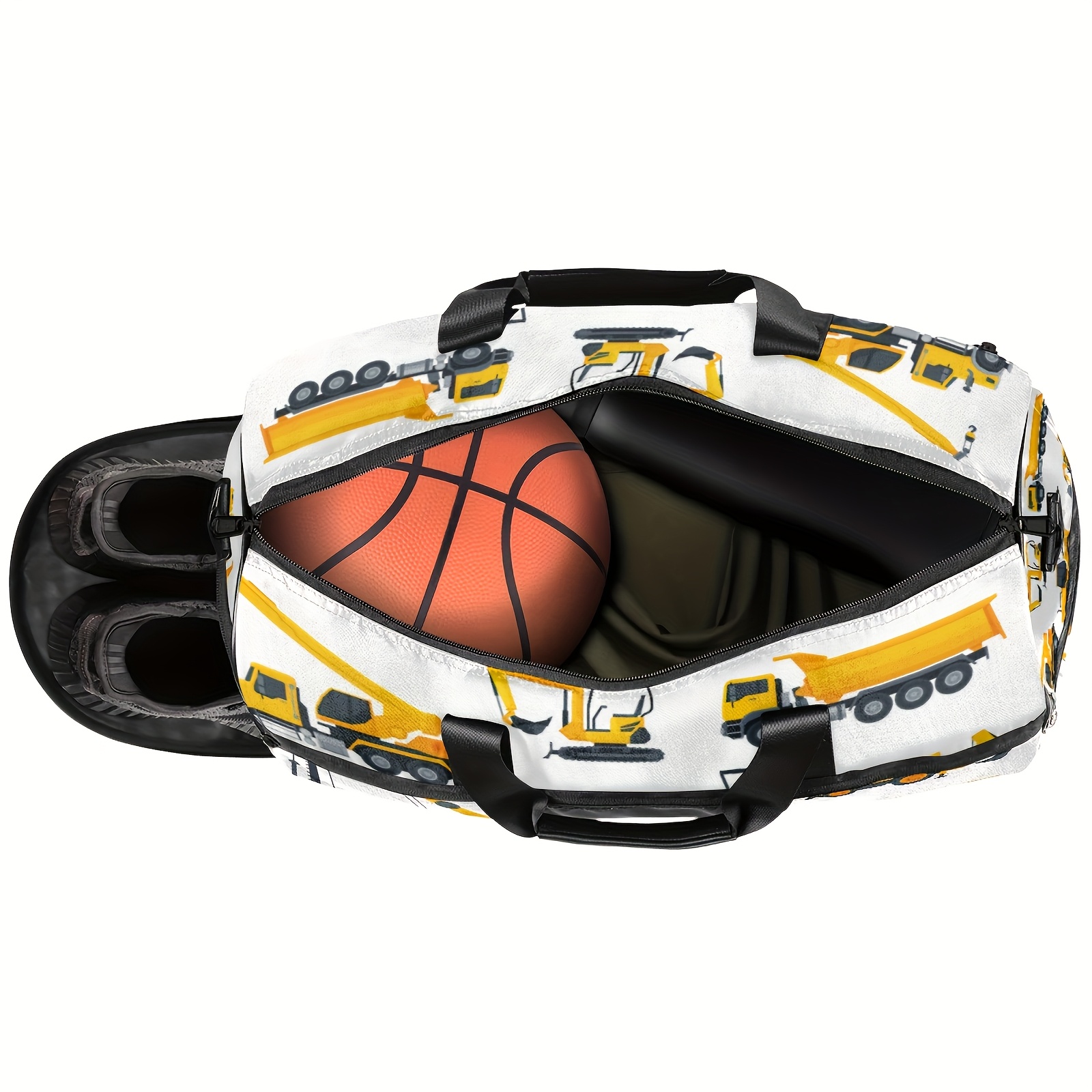 Construction vehicle pattern excavator theme fitness bag, large capacity sports training bag with independent shoe compartment, handbag