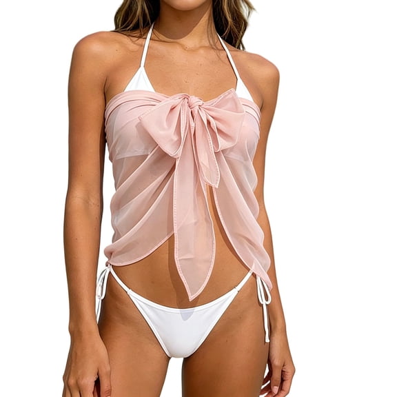 Women’s Sarong Cover Up Sheer Chiffon Poncho Tie Front Bow Beach Wrap Lightweight Swimwear Bikini Cover Up Pink Free Size