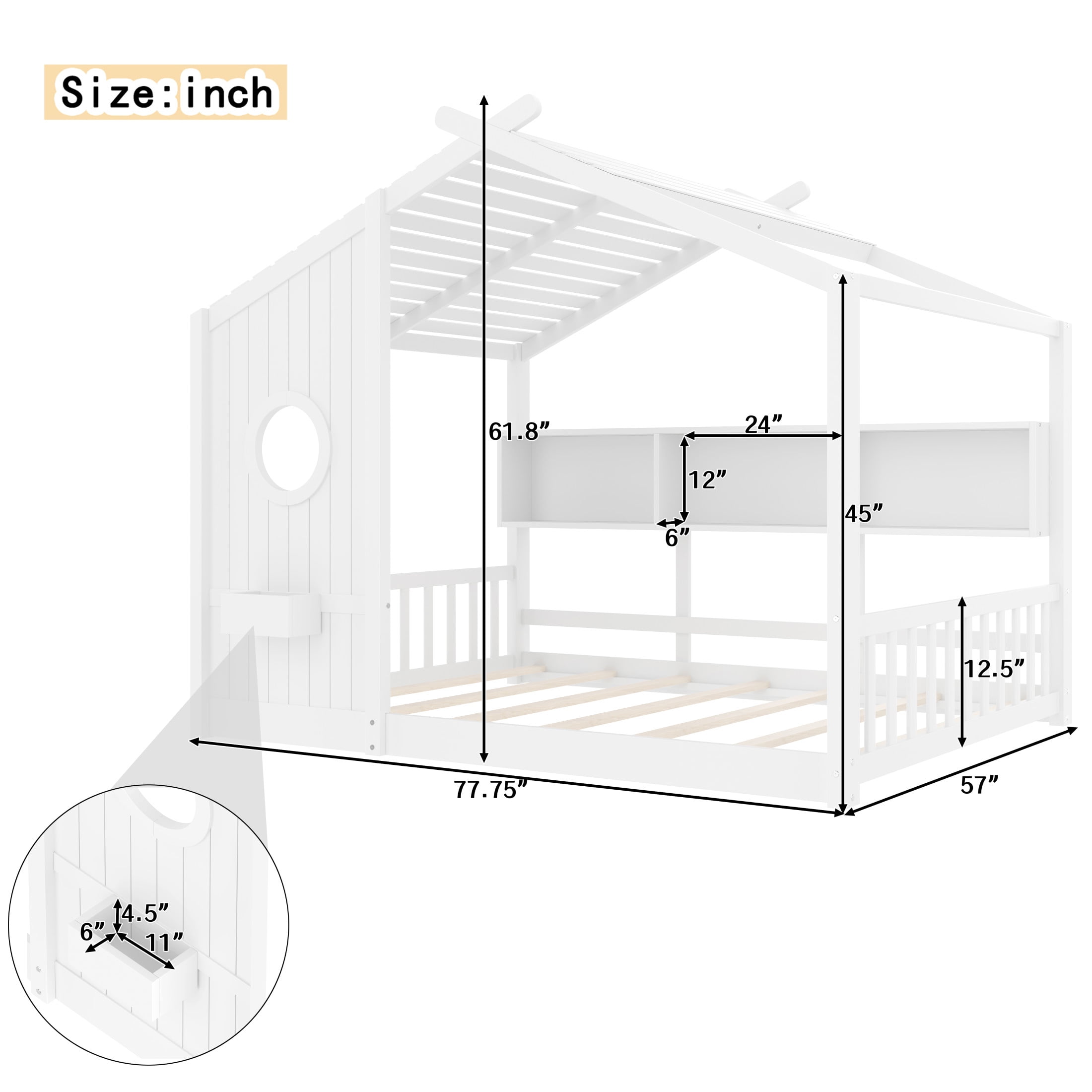 Noble House Full Size Floor House Bed for Toddlers,Playhouse Bed with Built-in Storage Shelf and Roof Design,White